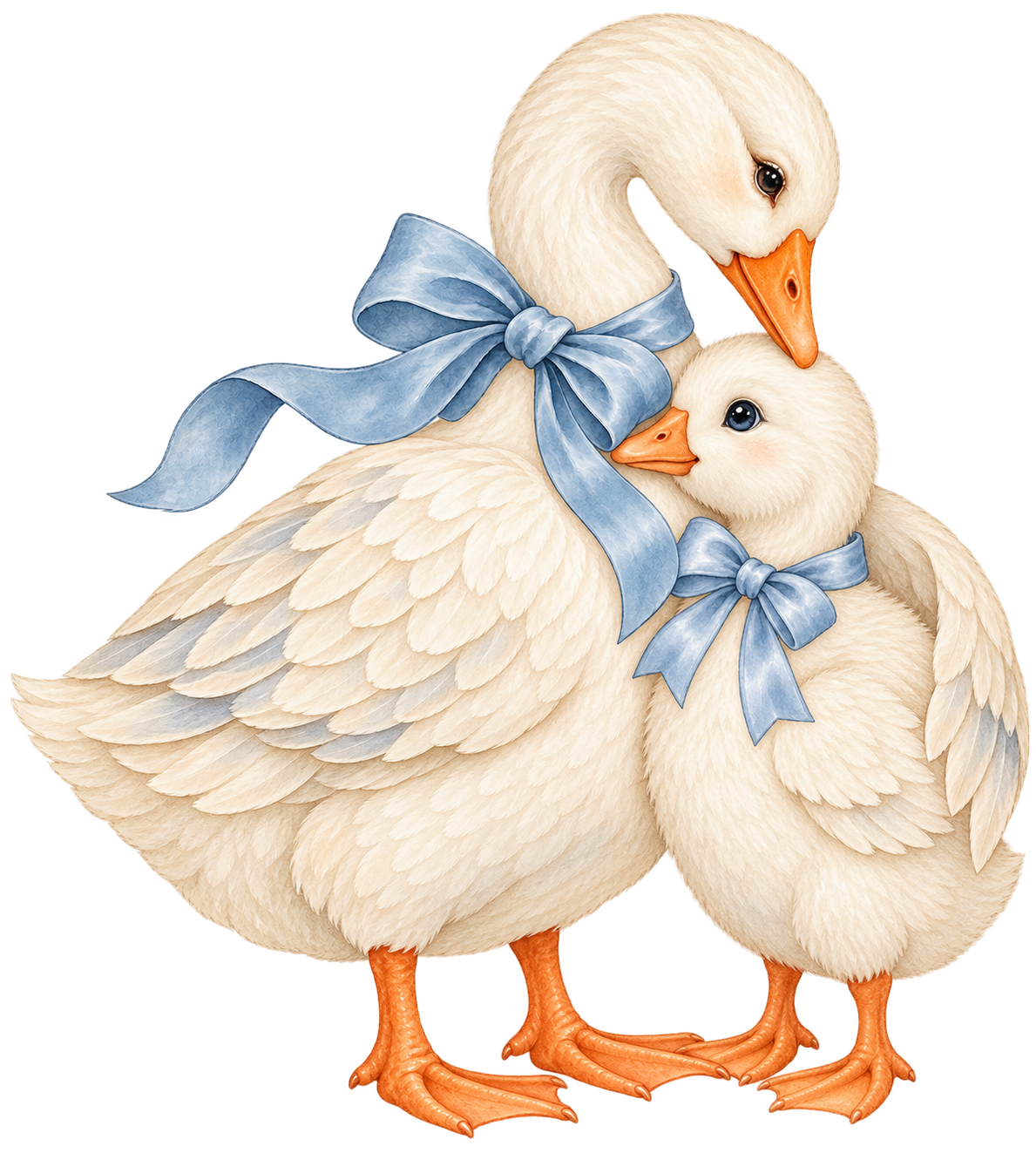 Watercolor mother goose tenderly cuddling her baby, both wearing dusty blue bows